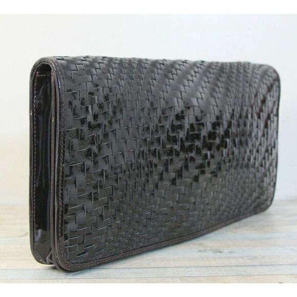 7.2"x14.5" Cole Haan PATENT BROWN WOVEN GENUINE LEATHER FLAP LRG CLUTCH HANDBAG - Picture 4 of 10
